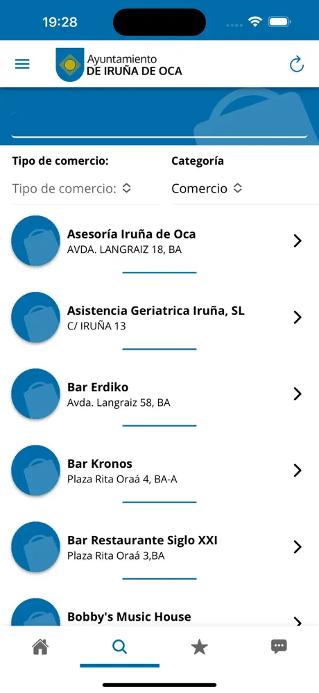 Buscador y listado de comercios en la app