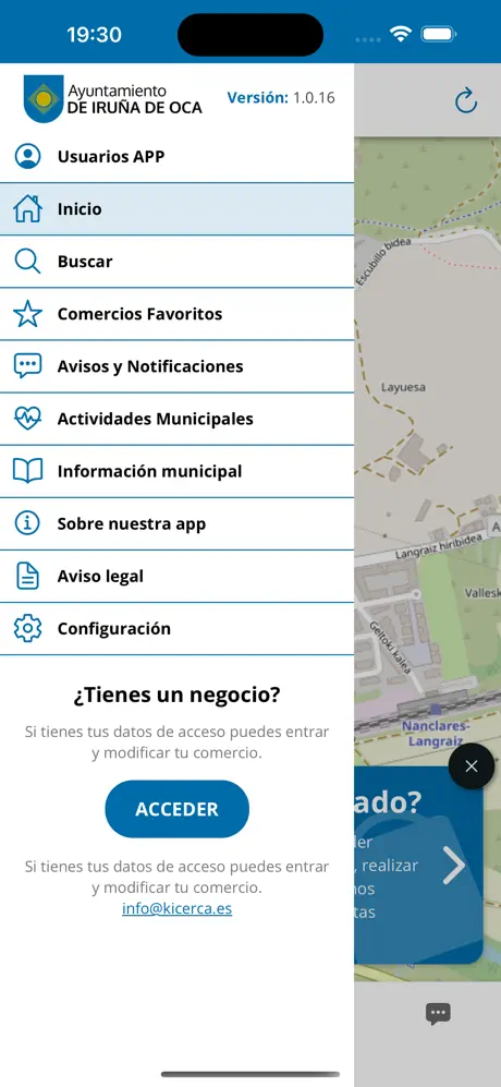 Menú de la app: favoritos, actividades e información municipal