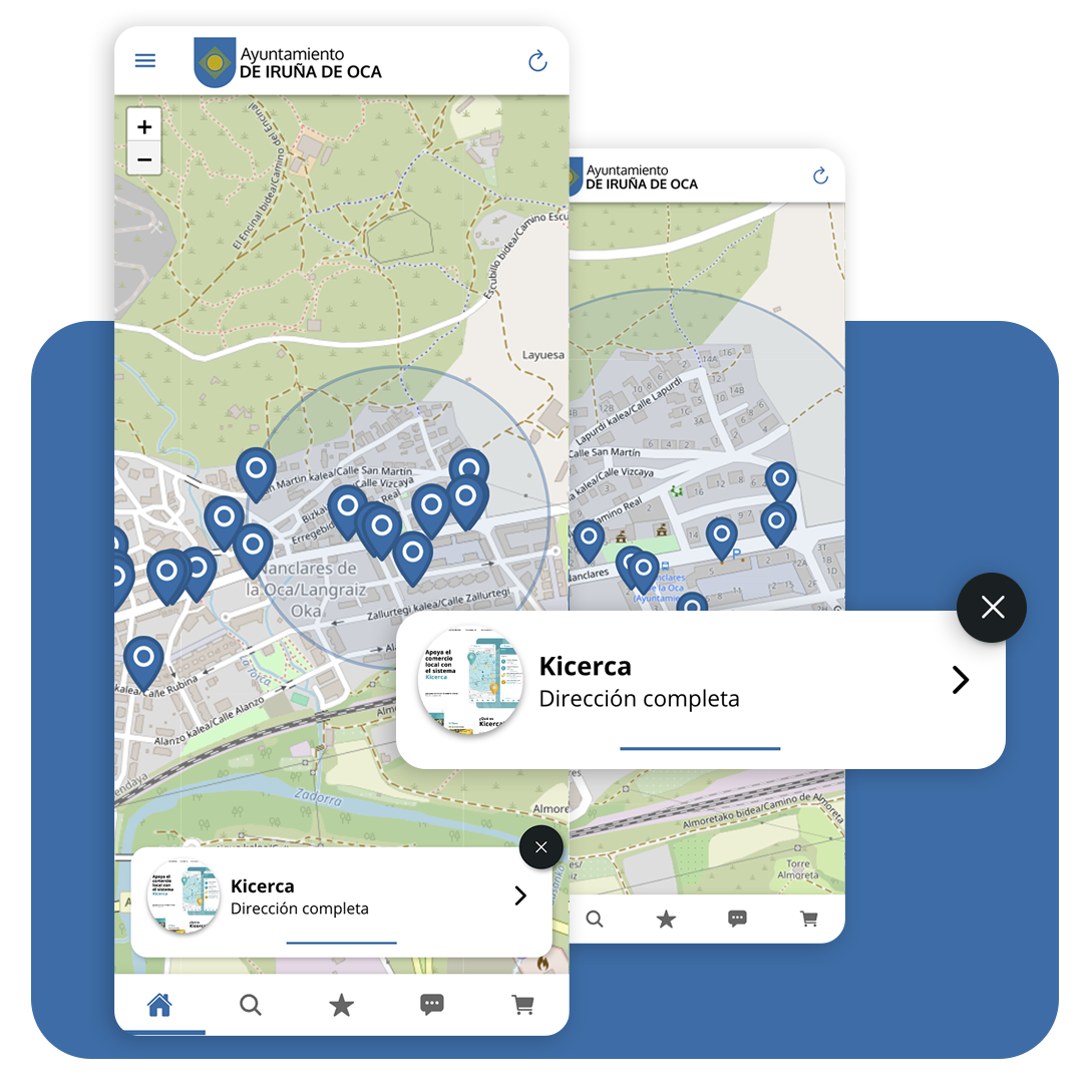 Mapa con los comercios cercanos geolocalizados y listado en Iruña de Oca